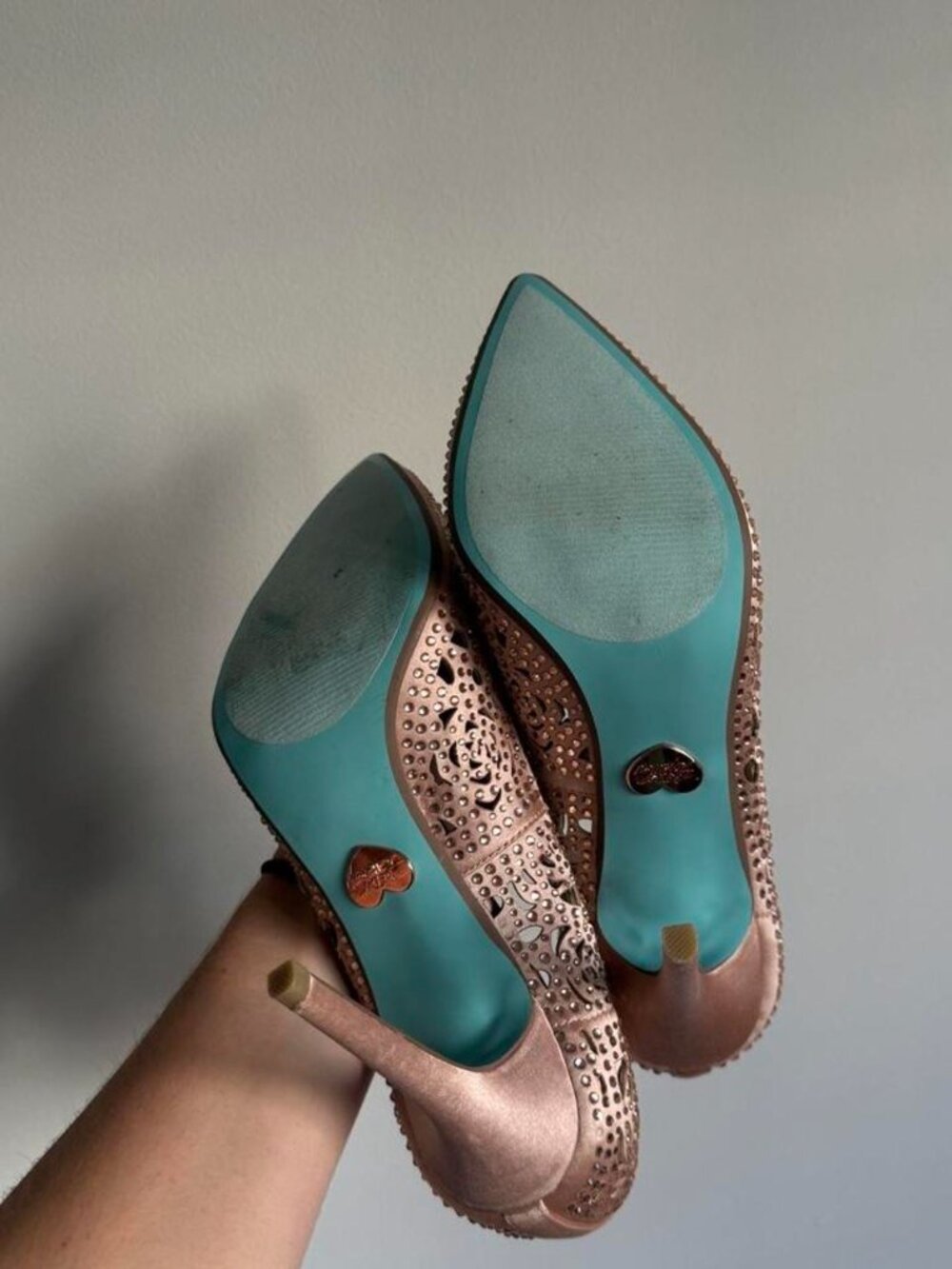 Betsey Johnson gold & brown rhinestones satin heels - Picture 3 of 4